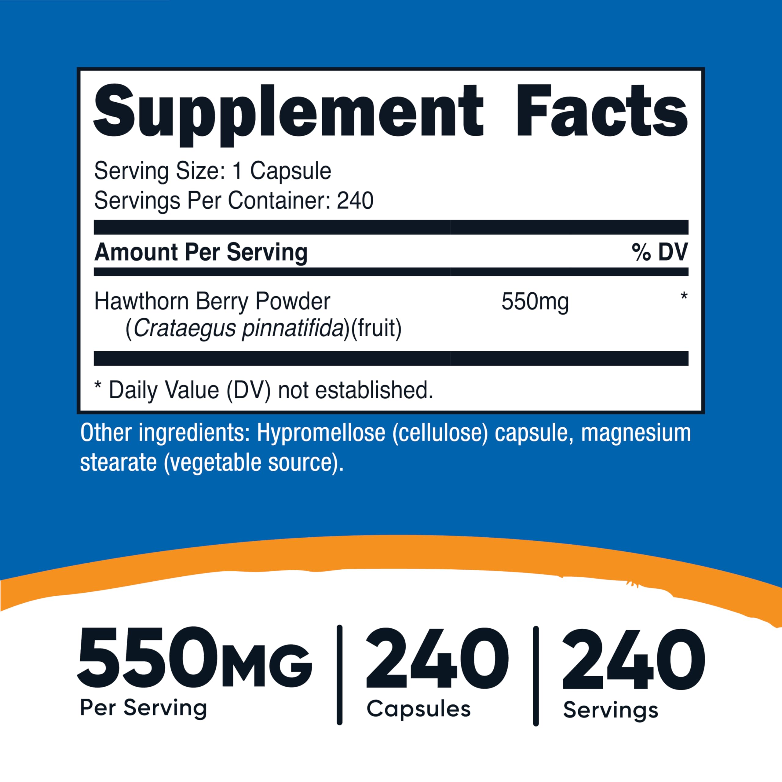 Nutricost Hawthorn Berry capsules label shows vegetarian, non-GMO, gluten-free features.