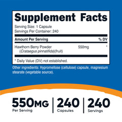 Nutricost Hawthorn Berry capsules label shows vegetarian, non-GMO, gluten-free features.