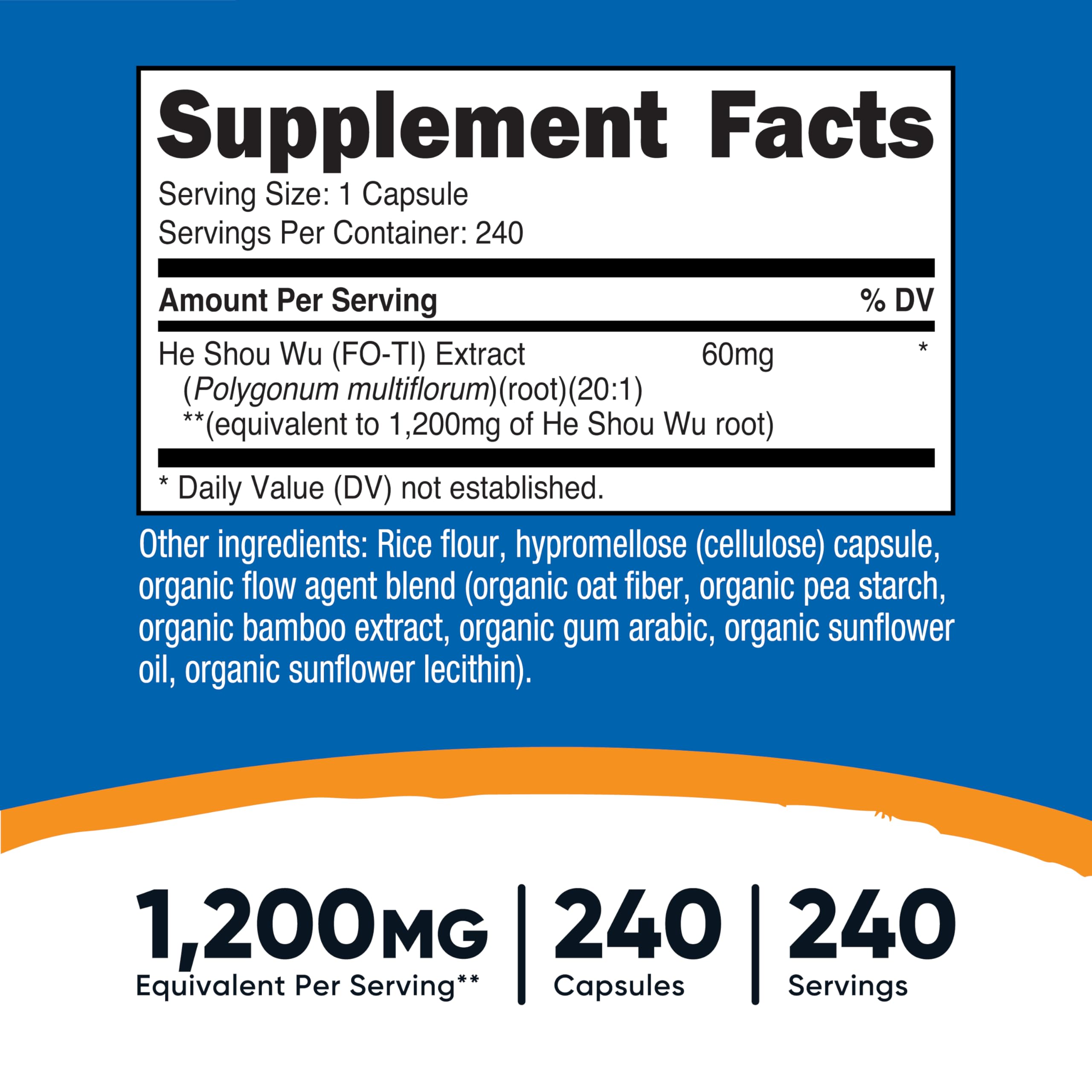 Nutricost He Shou Wu bottle label close-up showing 60 mg Fo-Ti extract per serving