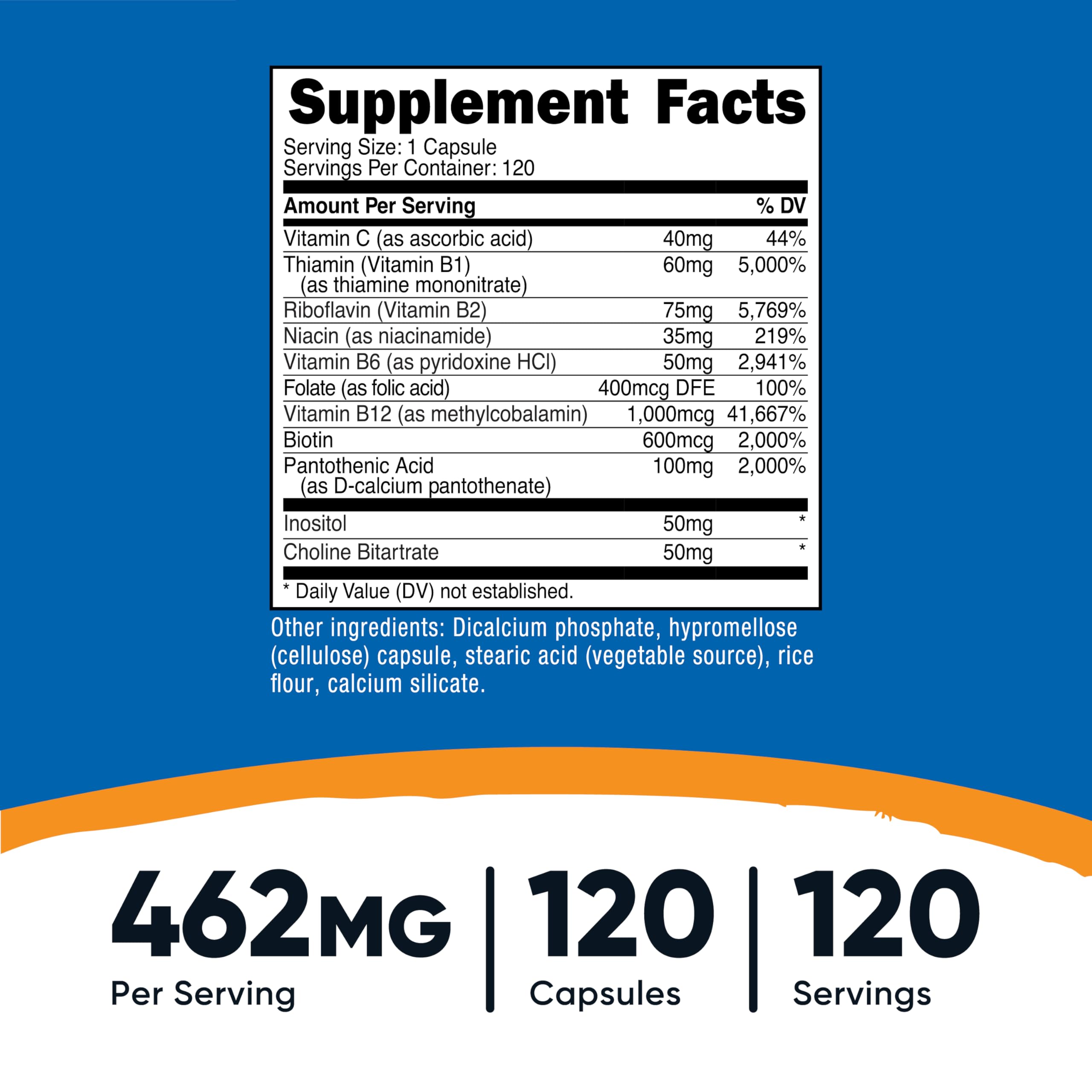 Nutricost Vitamin B Complex label close-up highlighting B vitamins and Vitamin C