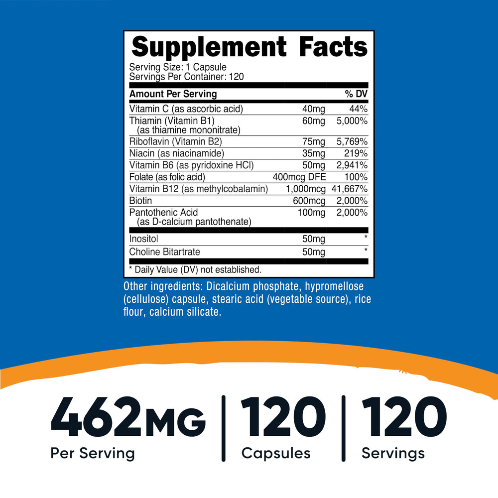 Nutricost Vitamin B Complex label close-up highlighting B vitamins and Vitamin C