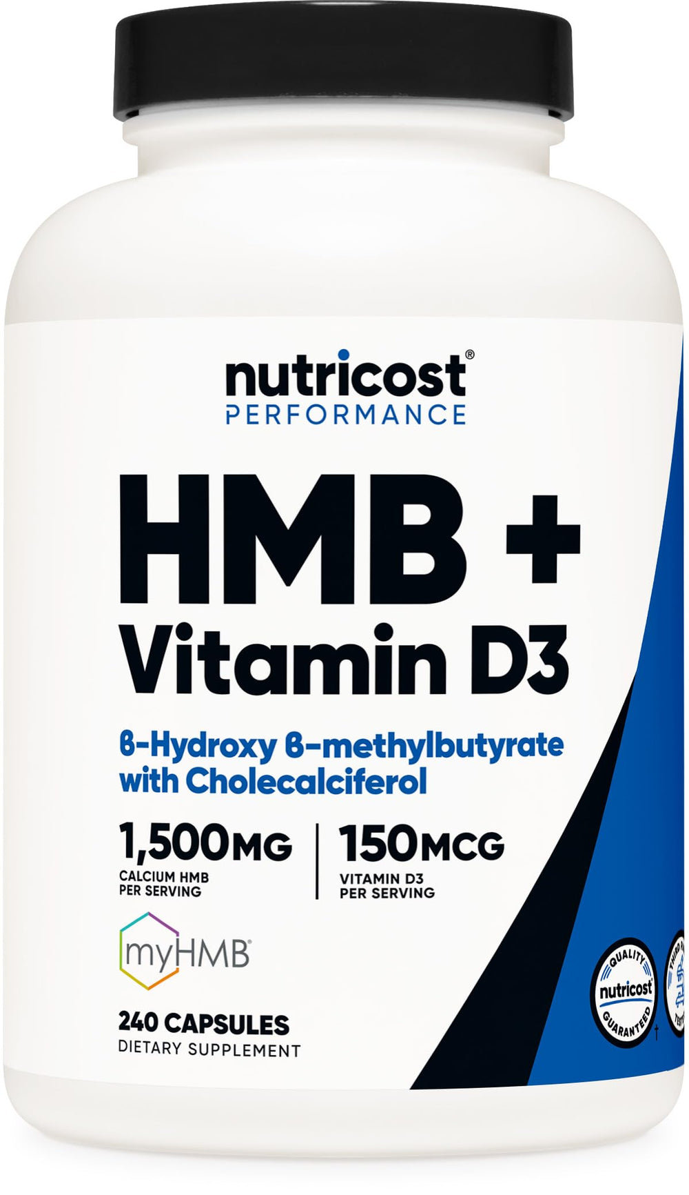 Nutricost HMB D3 bottle front, gluten-free and non-GMO daily supplement