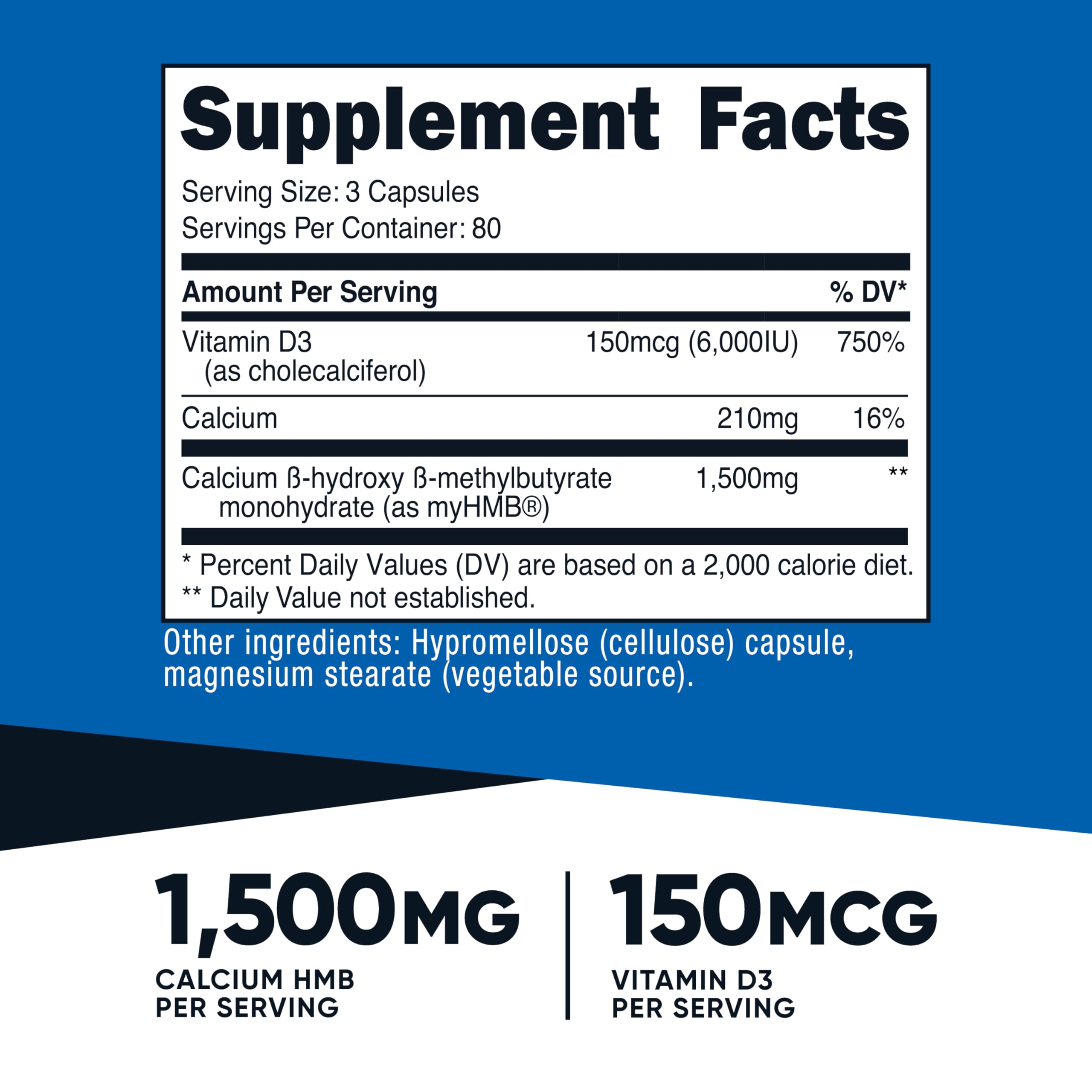 Nutricost HMB D3 bottle label close-up showing 1500mg HMB and 6000IU D3