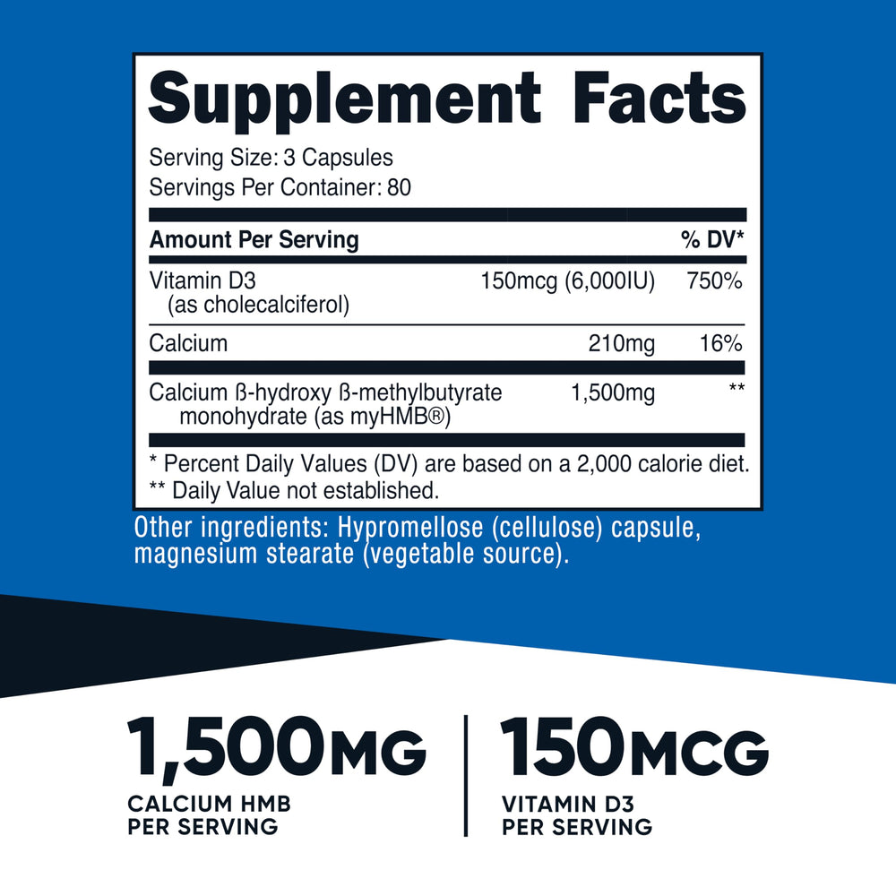 Nutricost HMB D3 bottle label close-up showing 1500mg HMB and 6000IU D3