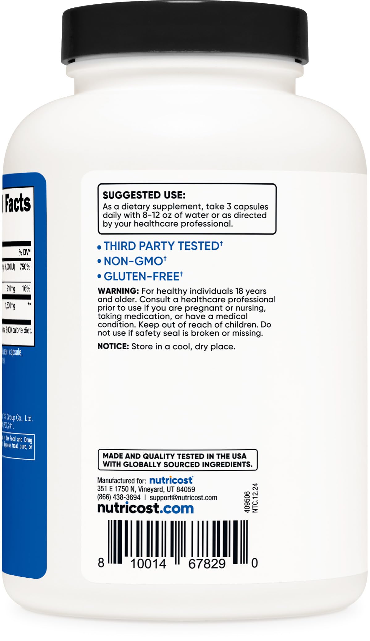 Nutricost HMB D3 packaging seal highlights gluten-free and non-GMO status