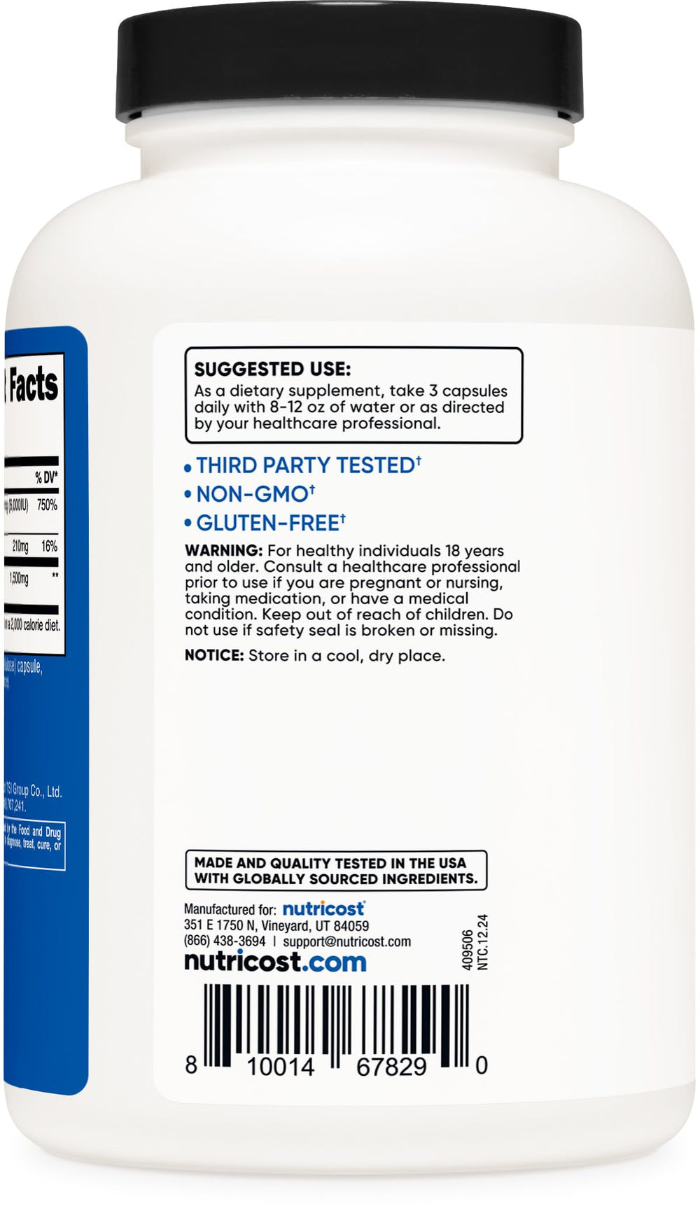 Nutricost HMB D3 packaging seal highlights gluten-free and non-GMO status
