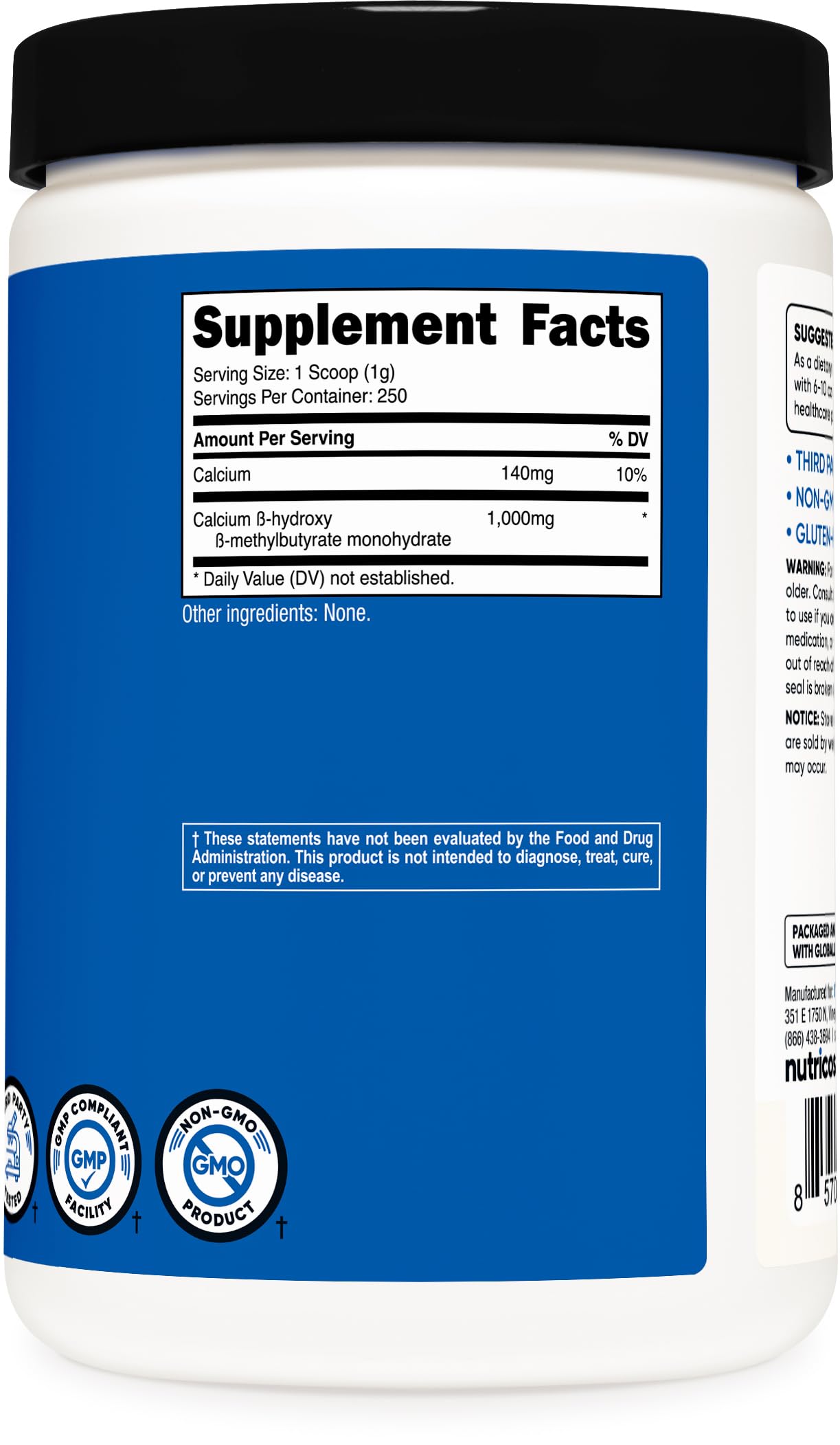 Nutricost HMB powder ingredients panel close-up on bottle.