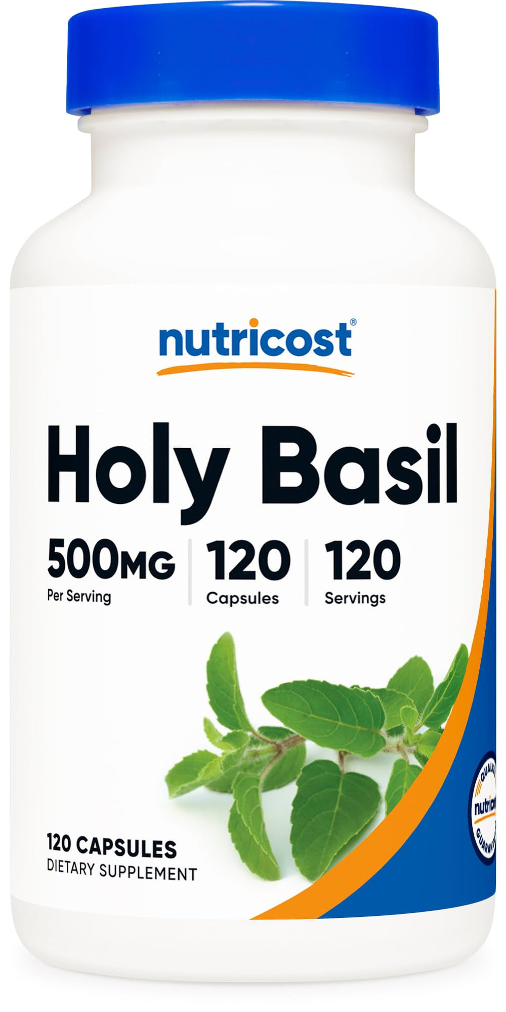 Nutricost Holy Basil 500mg bottle with label and serving size for daily use