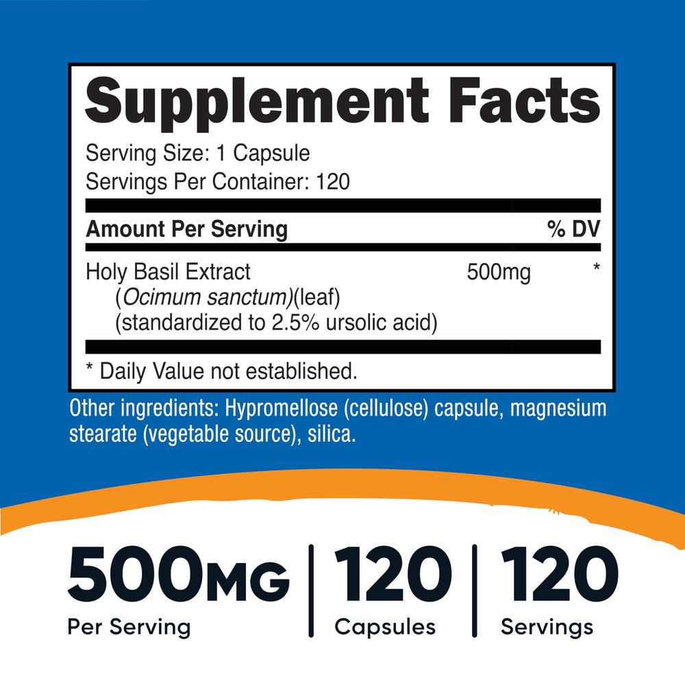 Nutricost holy basil capsules visual showing vegetarian capsules ideal for plant-based routines