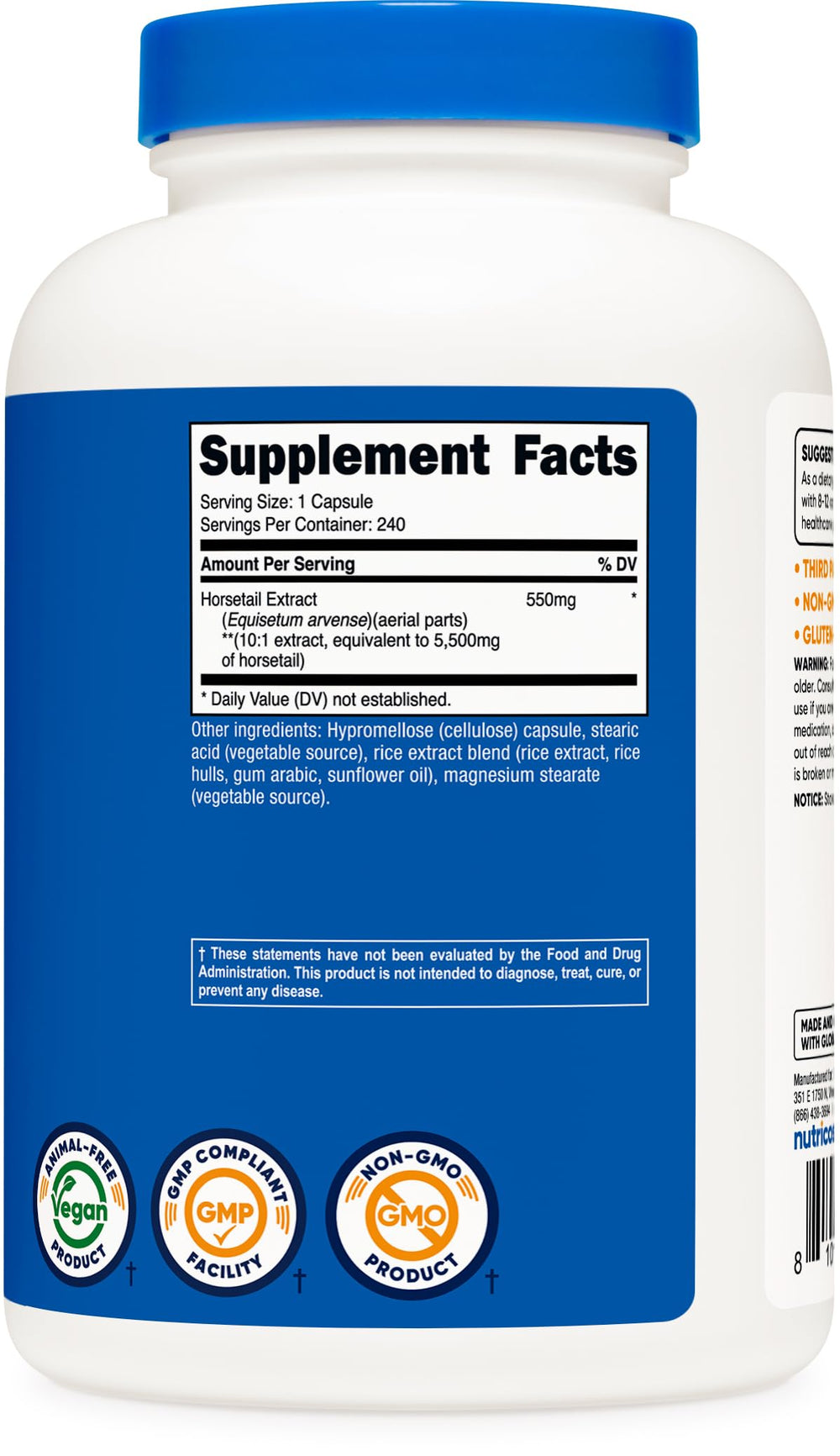 Nutricost Horsetail Extract Capsules ingredients panel - vegan, non-GMO formula.