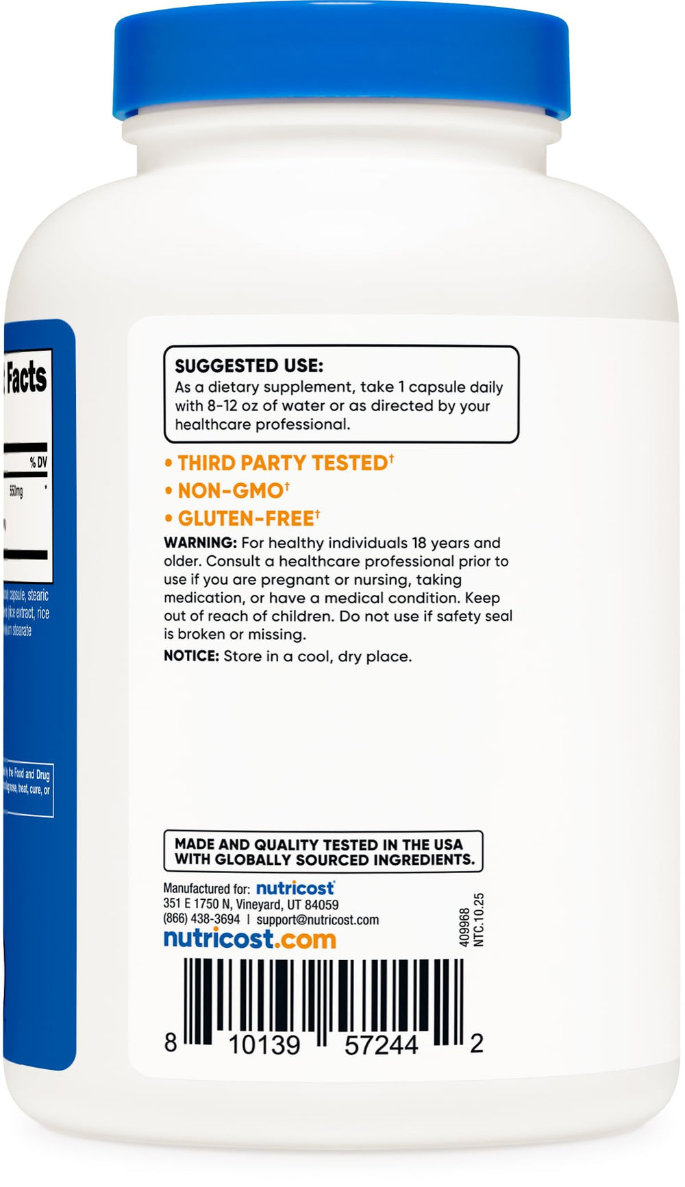 Nutricost Horsetail Extract Capsules label - third-party testing and quality.