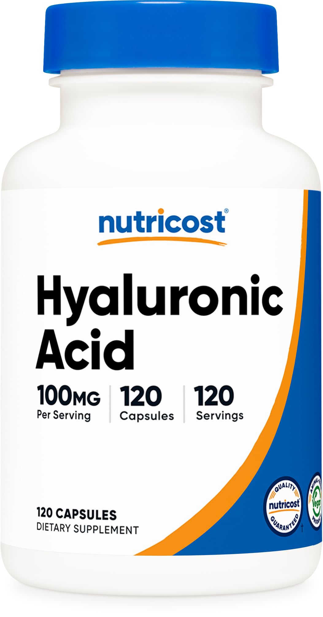 Nutricost Hyaluronic Acid bottle close-up showing daily hydration support