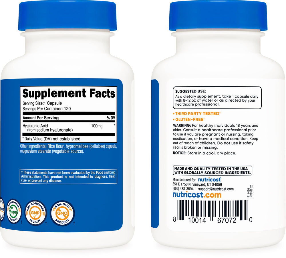 Nutricost Hyaluronic Acid bottle front for easy recognition and quality cues