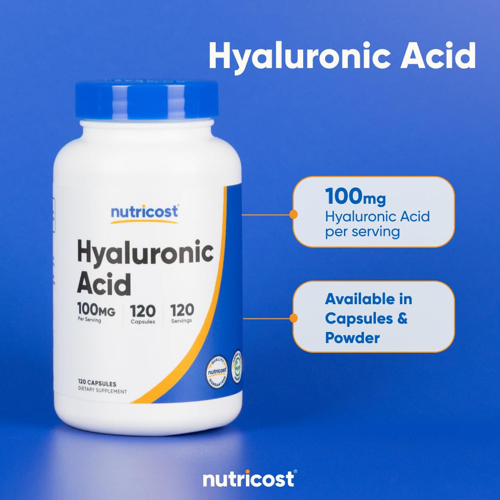 Nutricost Hyaluronic Acid capsules in a glass showing capsule texture and color