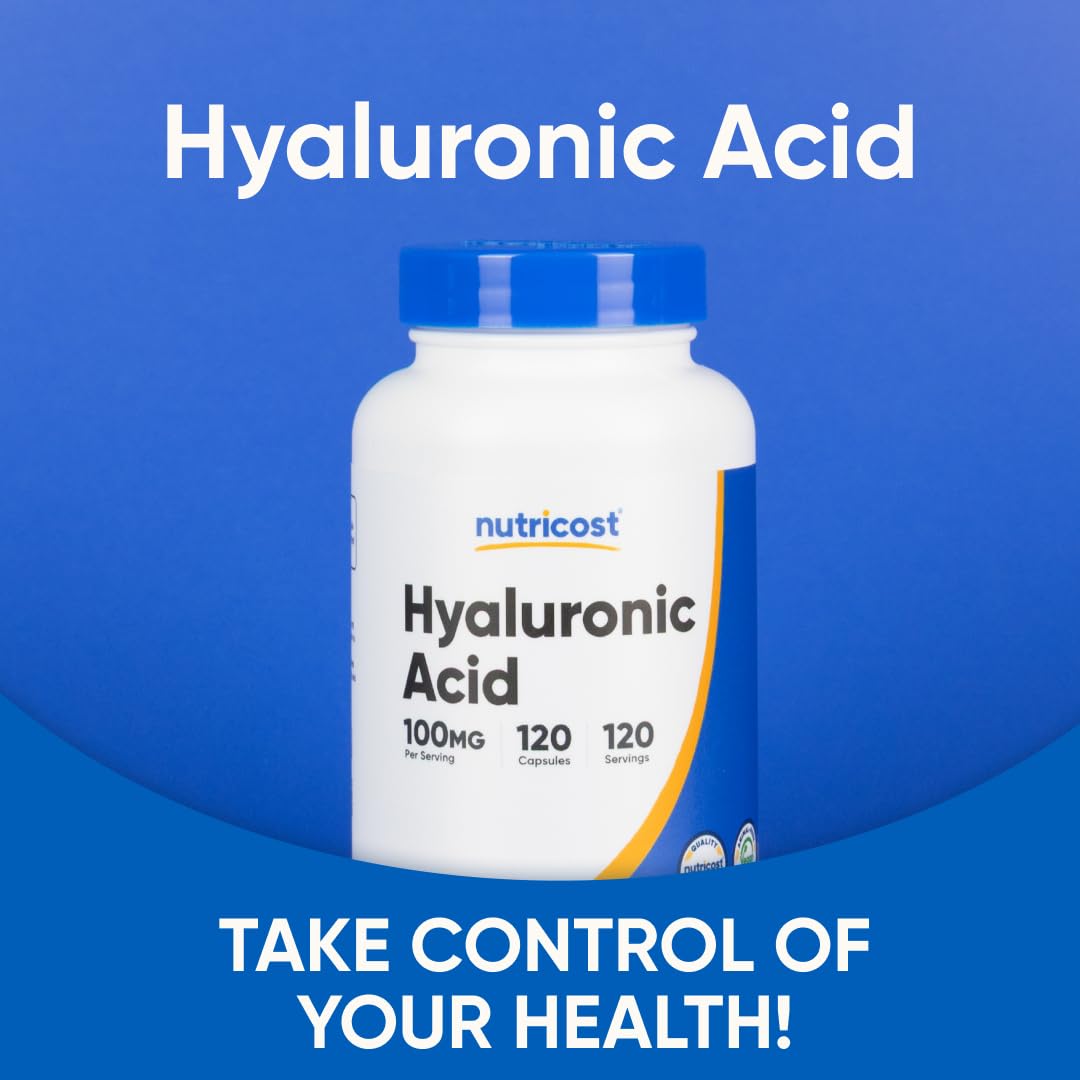 Nutricost Hyaluronic Acid ingredients panel highlights gluten-free and non-GMO features