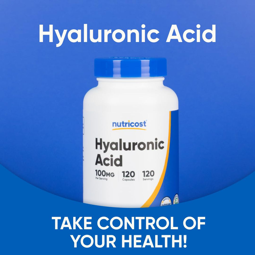Nutricost Hyaluronic Acid ingredients panel highlights gluten-free and non-GMO features