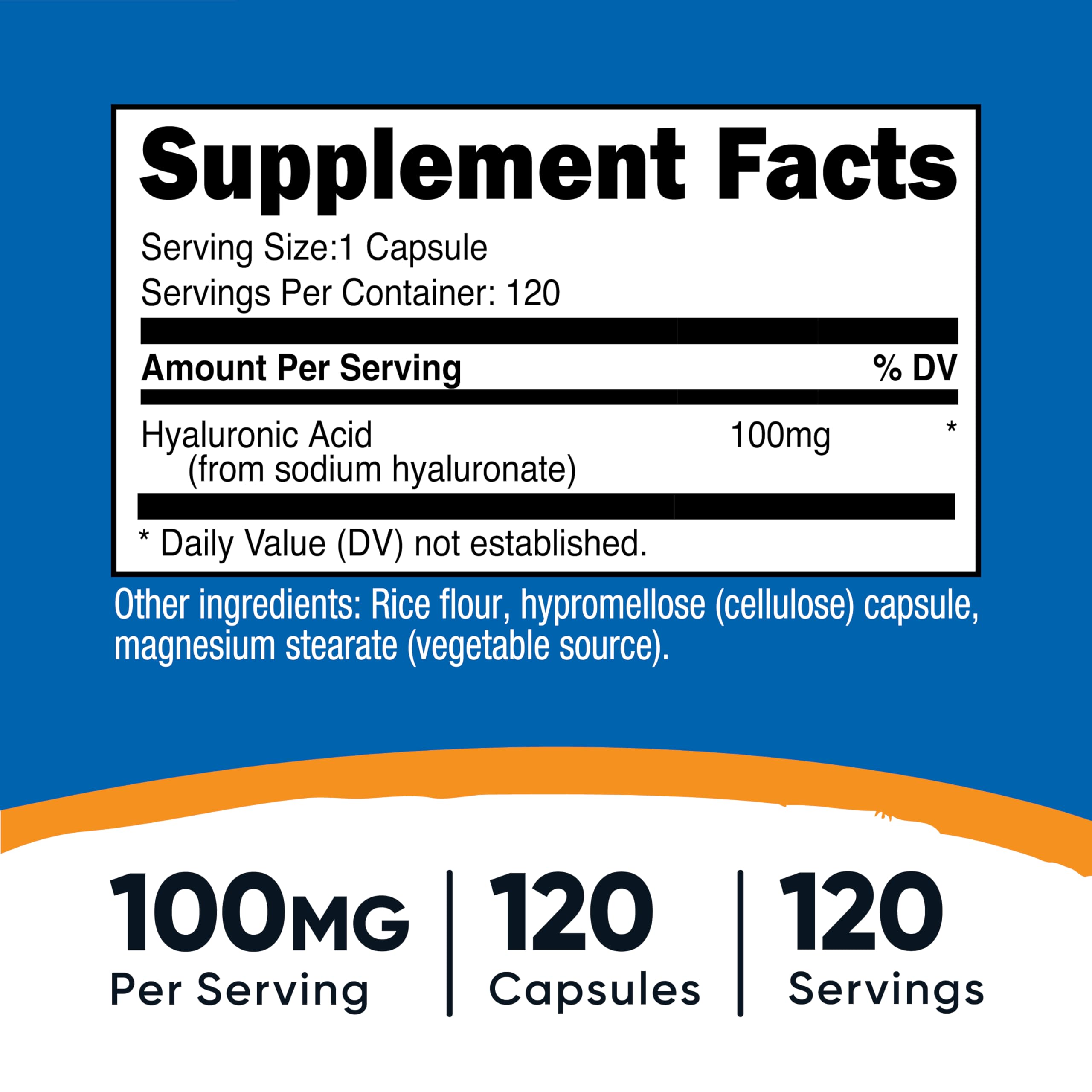 Nutricost Hyaluronic Acid label close-up noting 100 mg per capsule