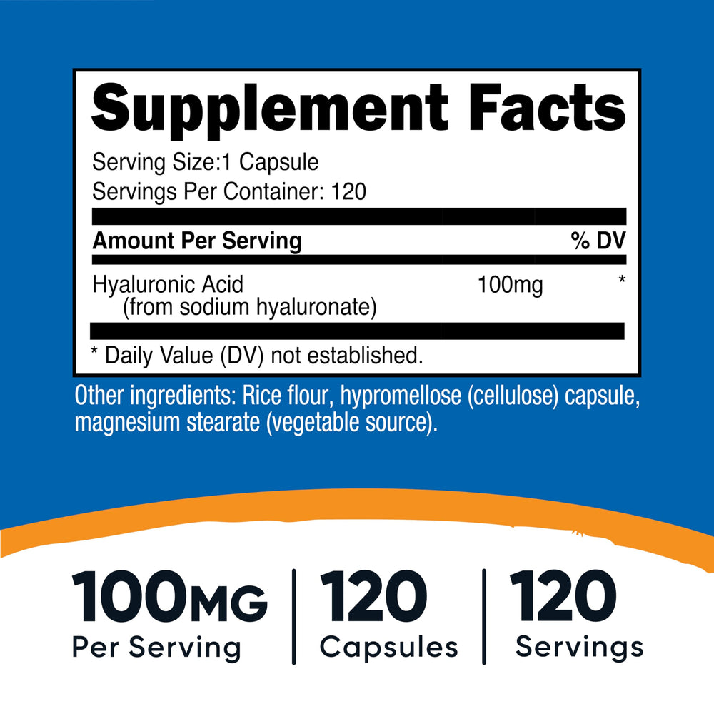 Nutricost Hyaluronic Acid label close-up noting 100 mg per capsule