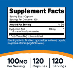 Nutricost Hyaluronic Acid label close-up noting 100 mg per capsule