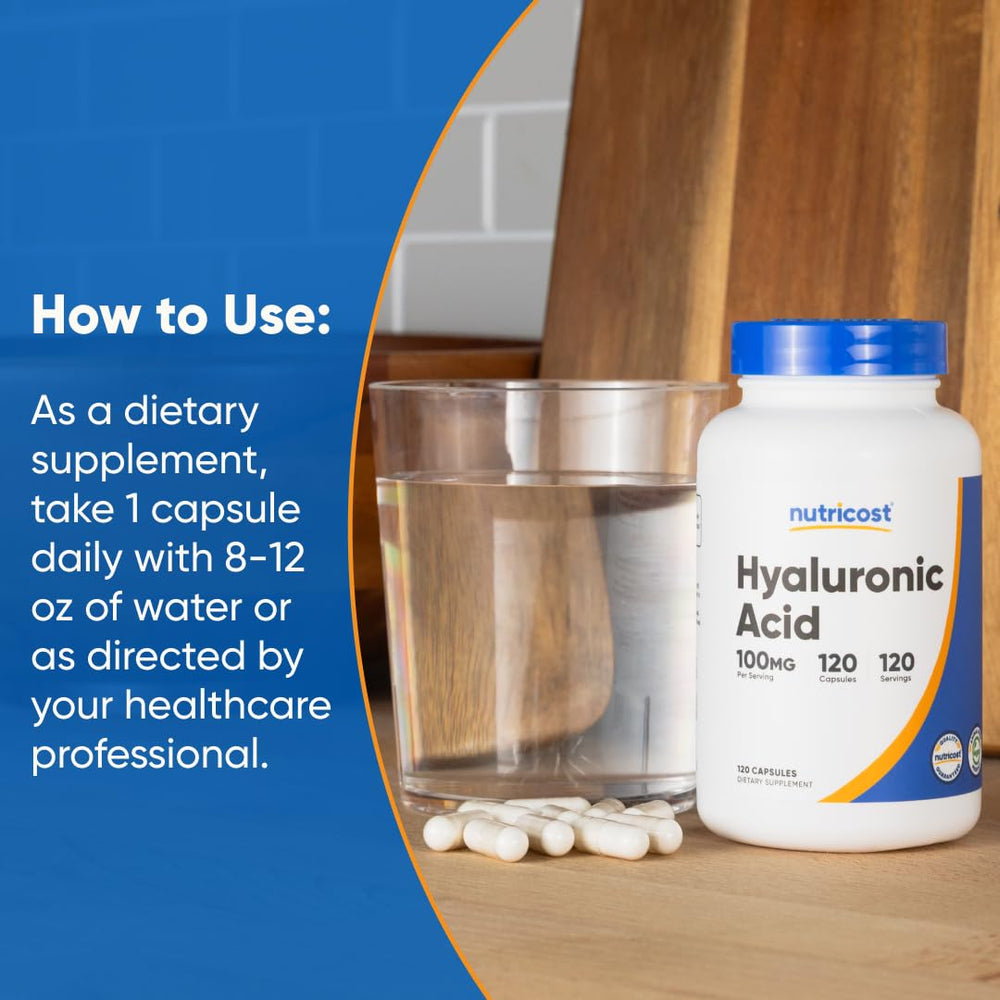 Nutricost Hyaluronic Acid packaging area with GMP and FDA-registered facility cues