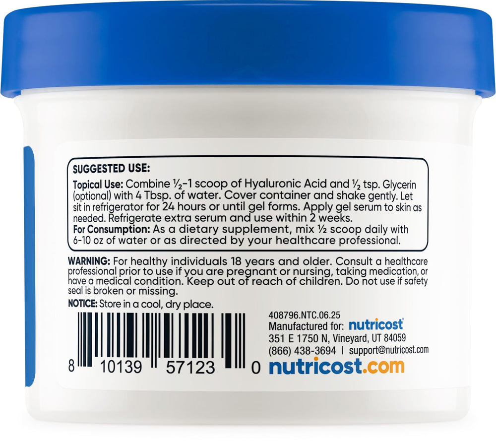 Nutricost Hyaluronic Acid powder gluten-free non-GMO label highlights clean ingredients.