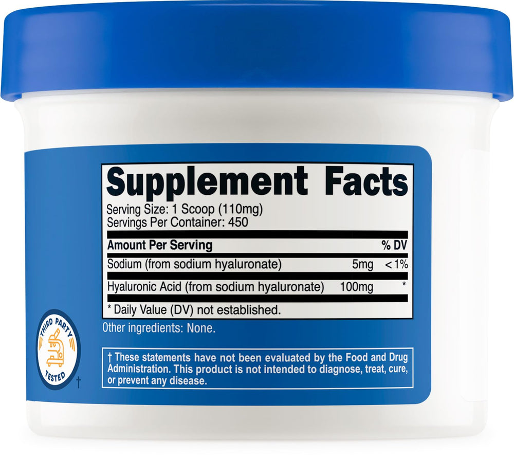 Nutricost Hyaluronic Acid powder lab-purity visuals indicating NSF-certified facility.