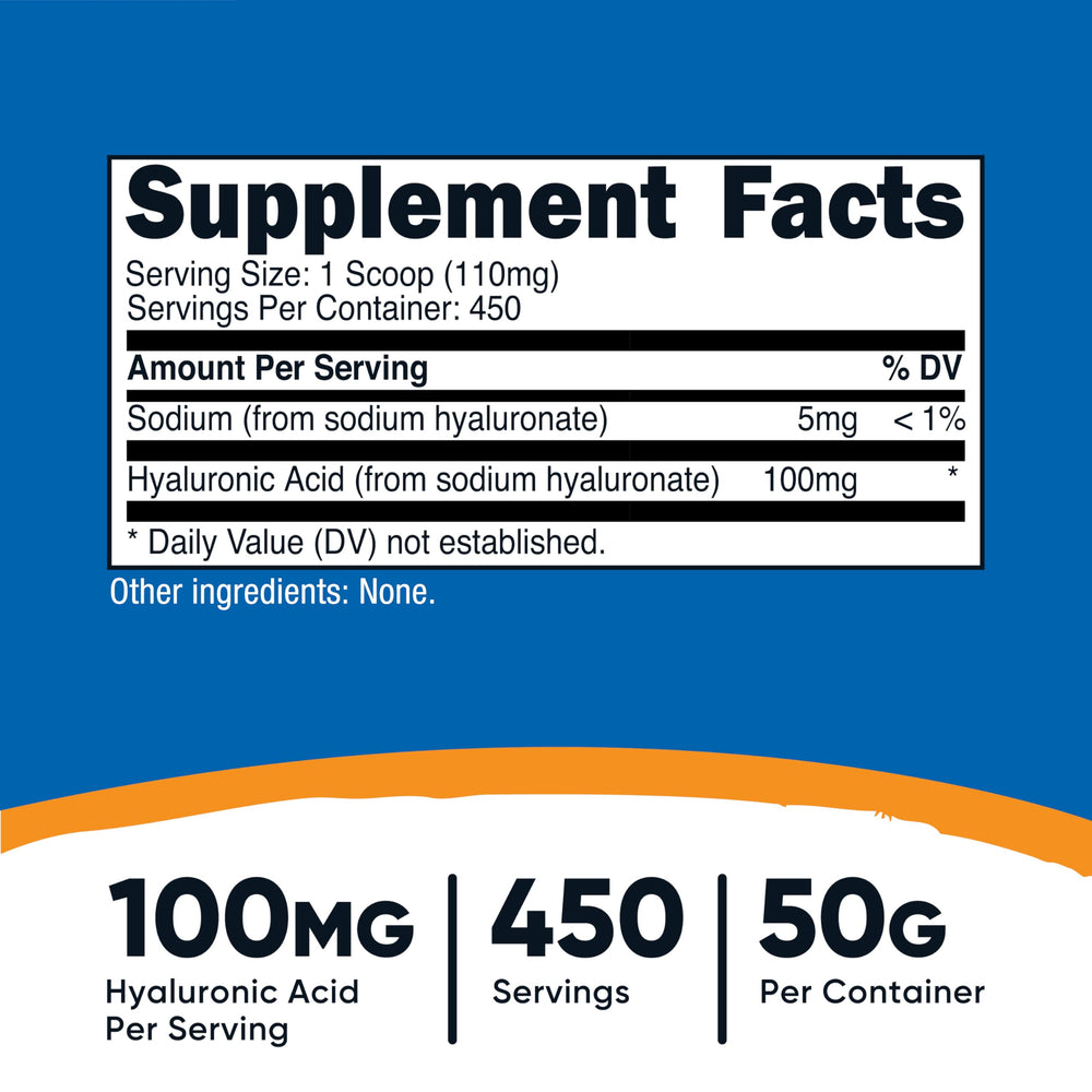 Nutricost Hyaluronic Acid powder with scoop measure for precise daily dosing.