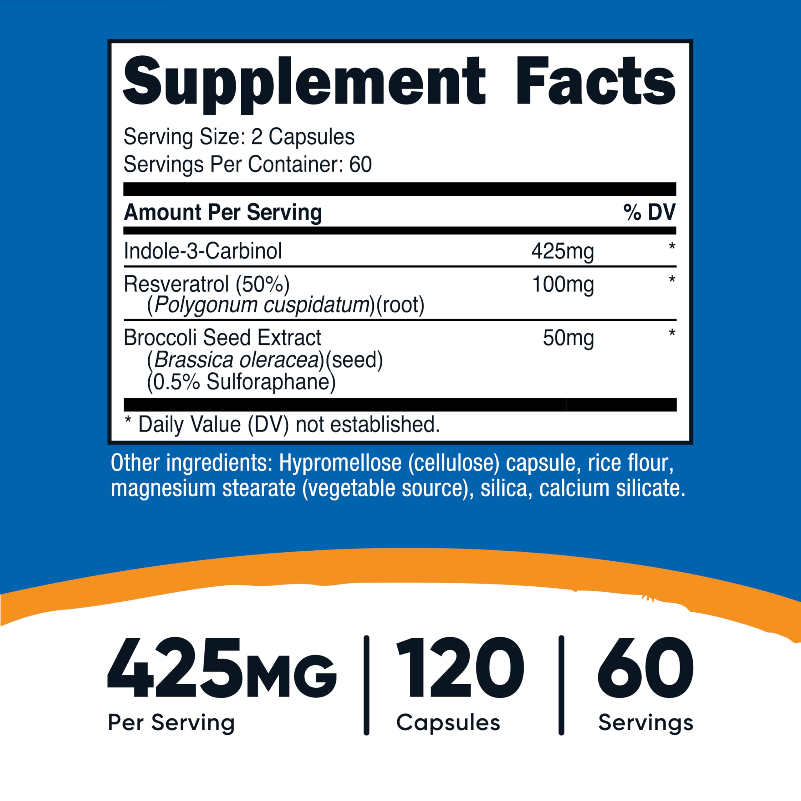 Nutricost Indole-3-Carbinol capsules close-up highlighting 425 mg strength.