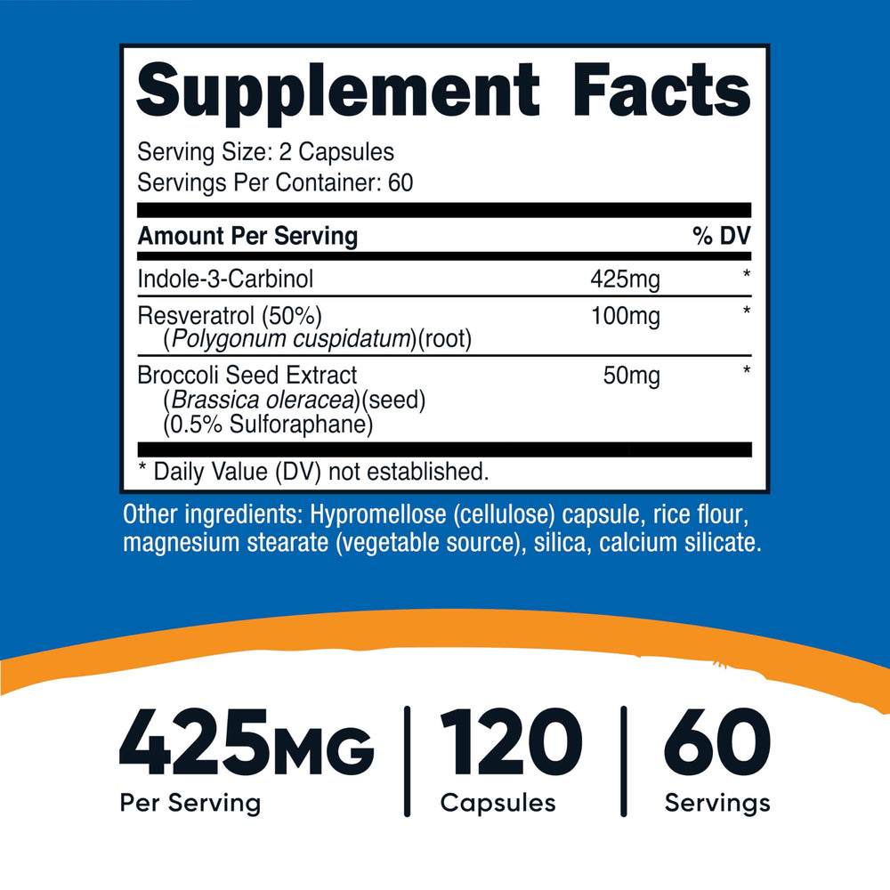 Nutricost Indole-3-Carbinol capsules close-up highlighting 425 mg strength.