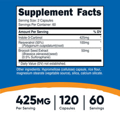 Nutricost Indole-3-Carbinol capsules close-up highlighting 425 mg strength.
