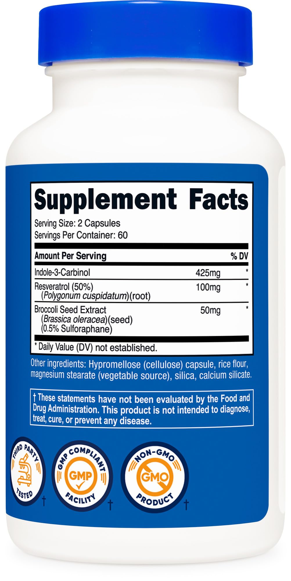 Nutricost Indole-3-Carbinol packaging showing gluten-free and GMO-free formulation.