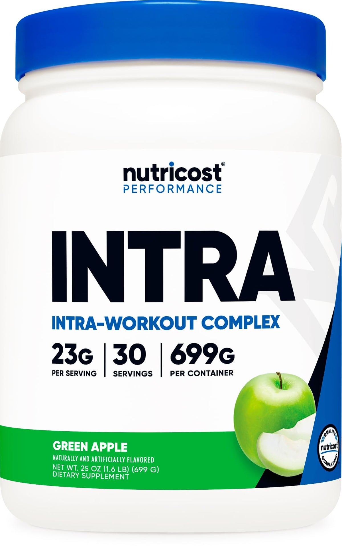 Nutricost Intra Workout Powder Green Apple tub showcases refreshing flavor and steady energy for workouts