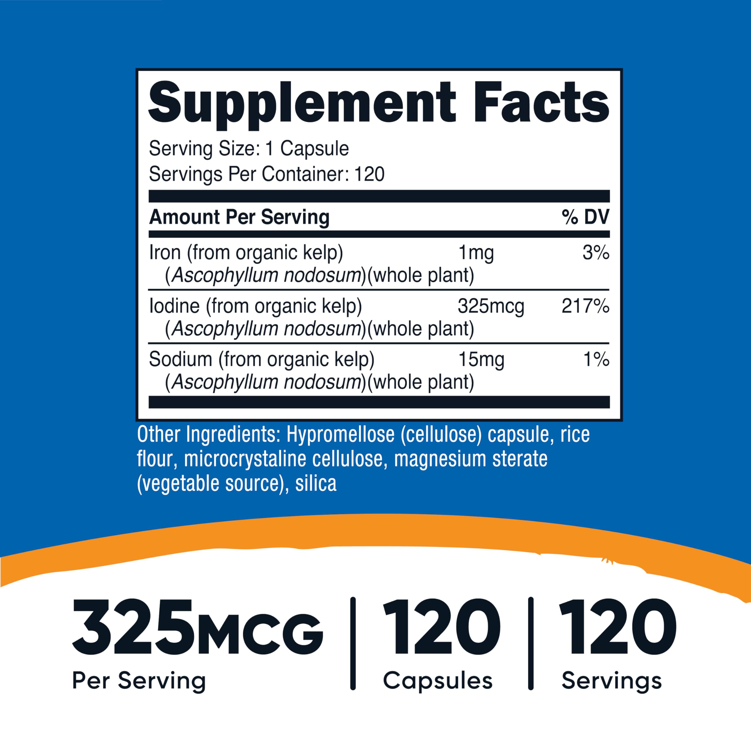 Nutricost Iodine capsules closeup highlights 325mcg per capsule for daily use