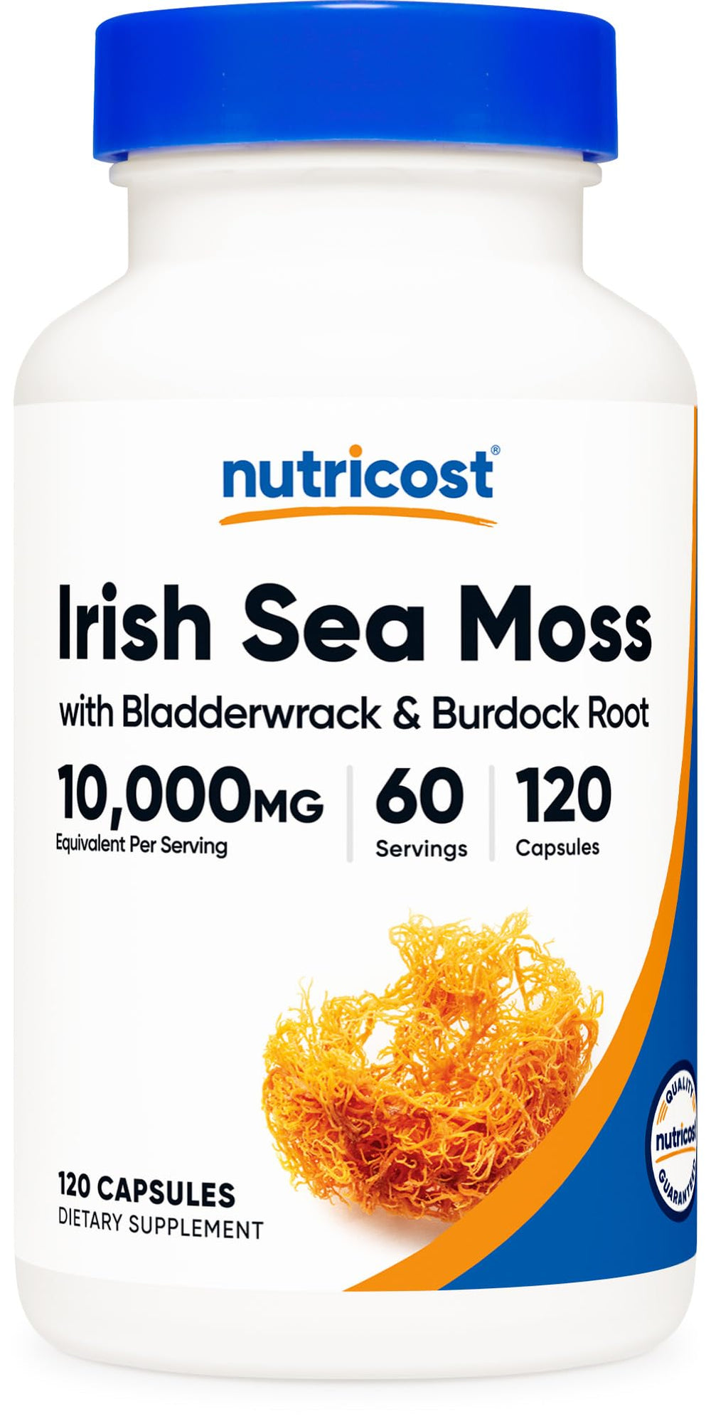 Nutricost Irish Sea Moss Extract bottle with capsules, 10,000mg per serving.