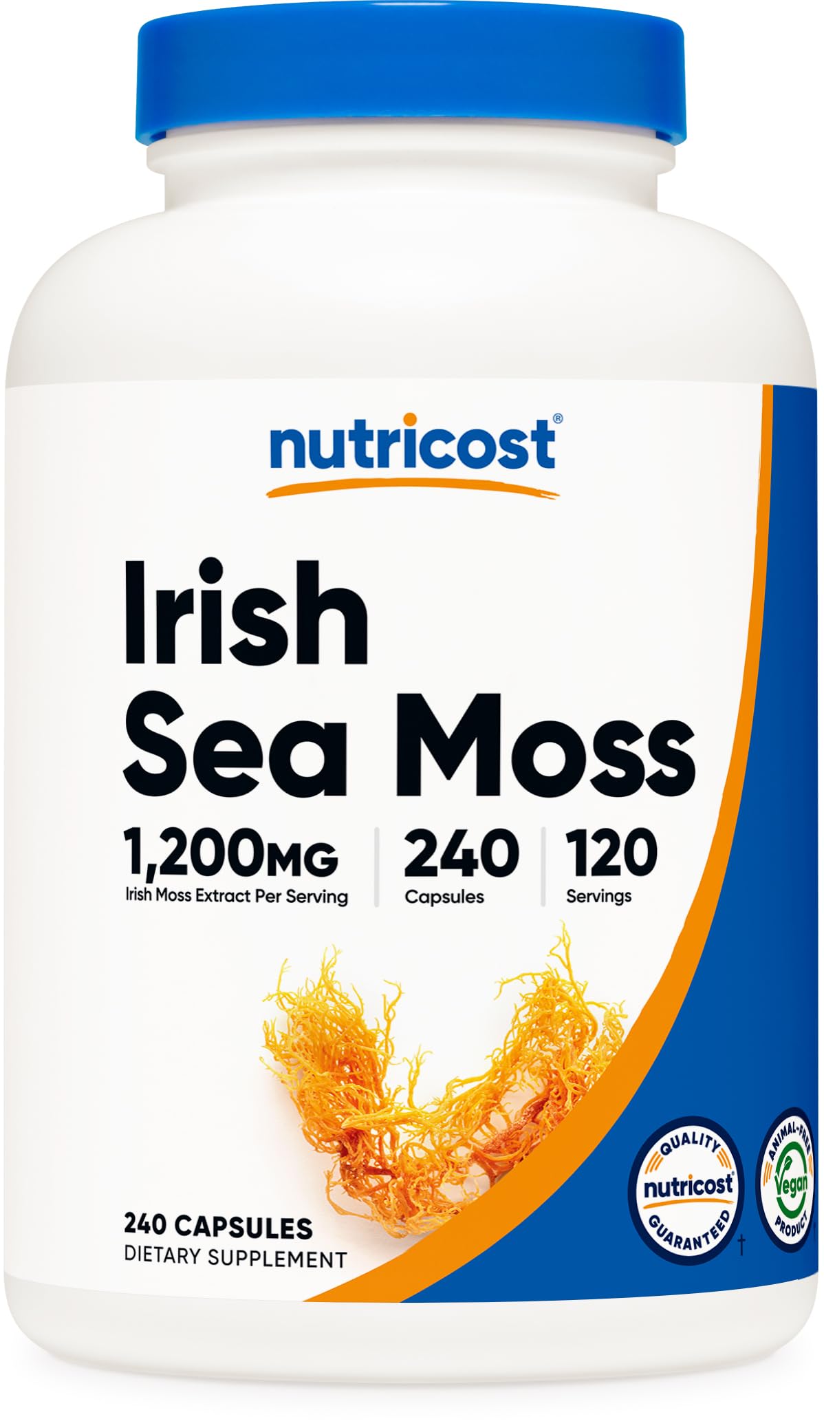 Nutricost Irish Sea Moss extract capsules bottle, vegan and gluten-free daily supplement.