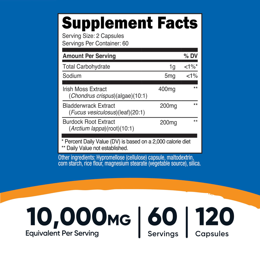 Nutricost Irish Sea Moss Extract capsules close-up, vegan and GMO-free.