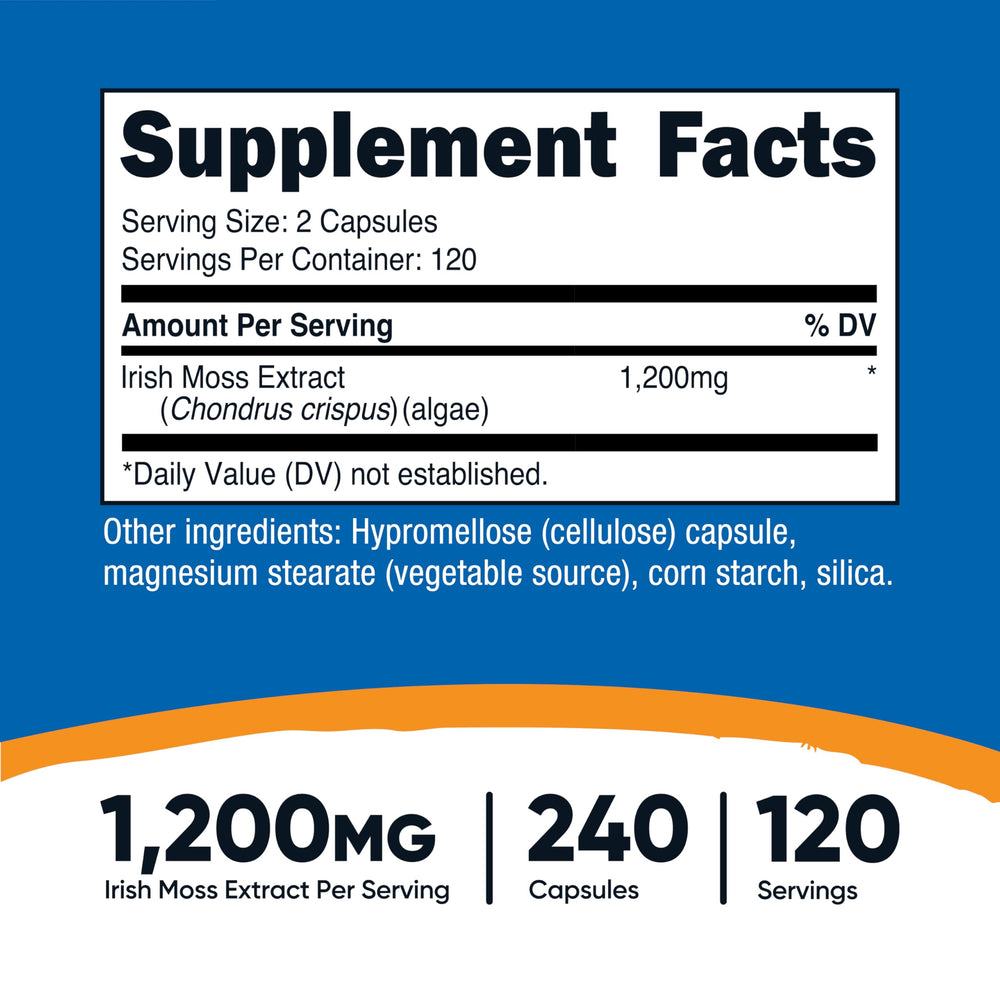 Nutricost Irish Sea Moss capsules close-up on label, showing 1,200mg per serving detail.