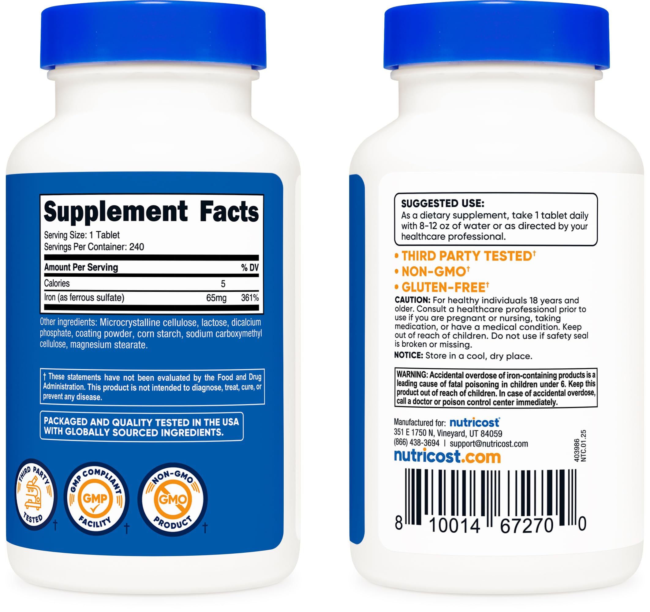 Nutricost Iron 65mg bottle beside glass highlighting dosage