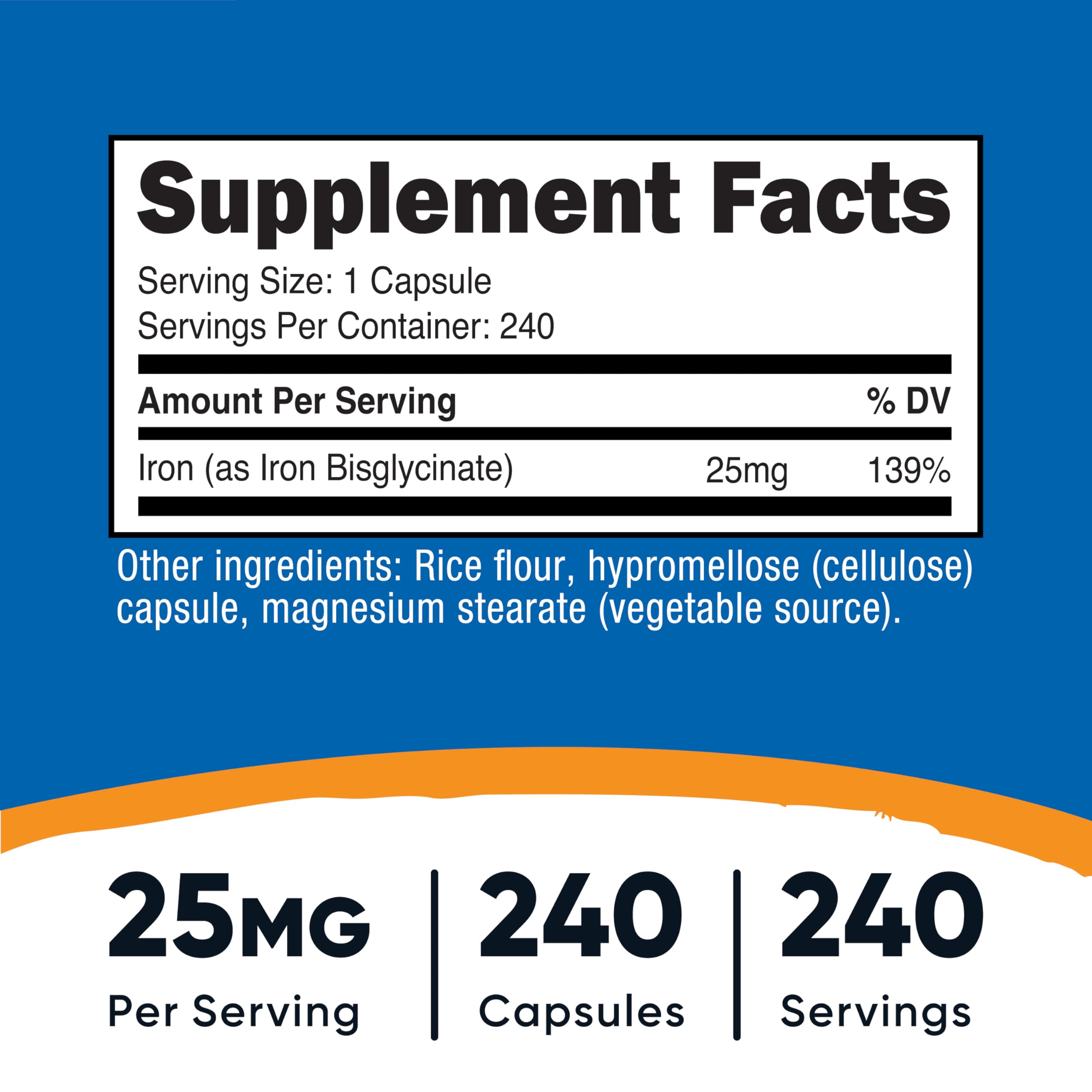 Nutricost Iron Bisglycinate bottle showing 240 capsules for long-lasting supply.