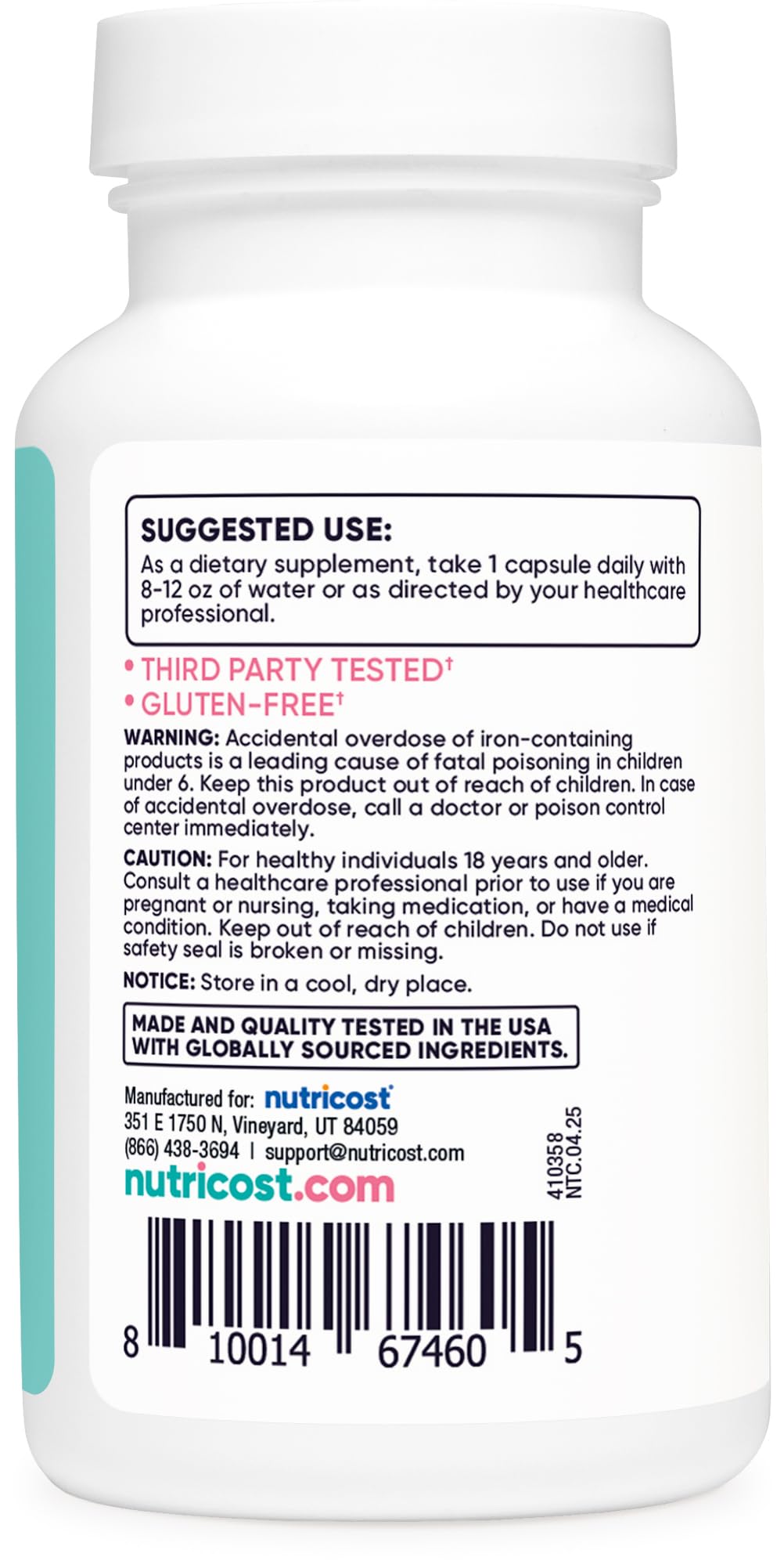 Nutricost Iron for Women 65mg packaging label highlights non-GMO and gluten-free