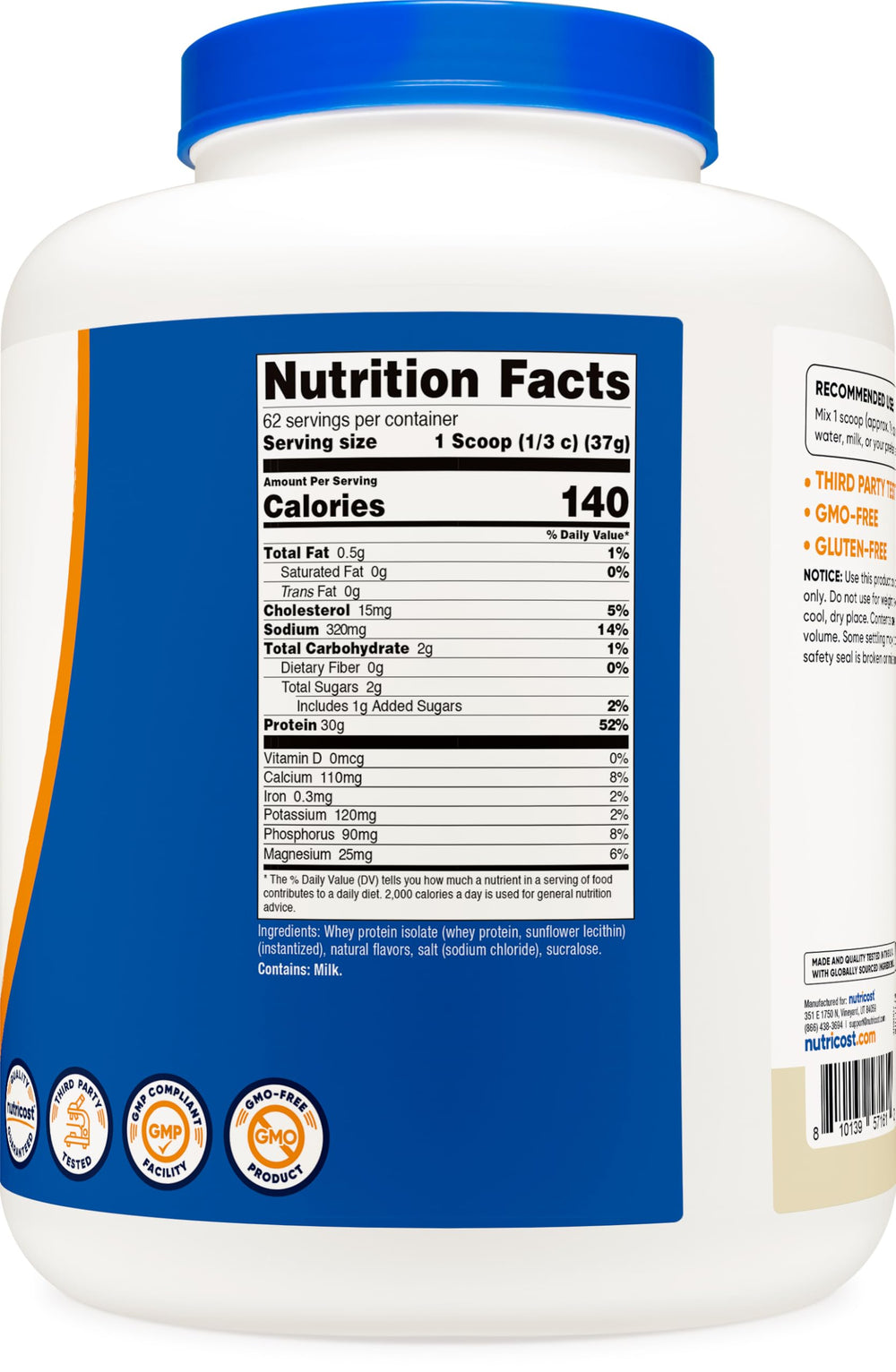 Nutricost Isolate Whey Vanilla facts panel shows protein per serving