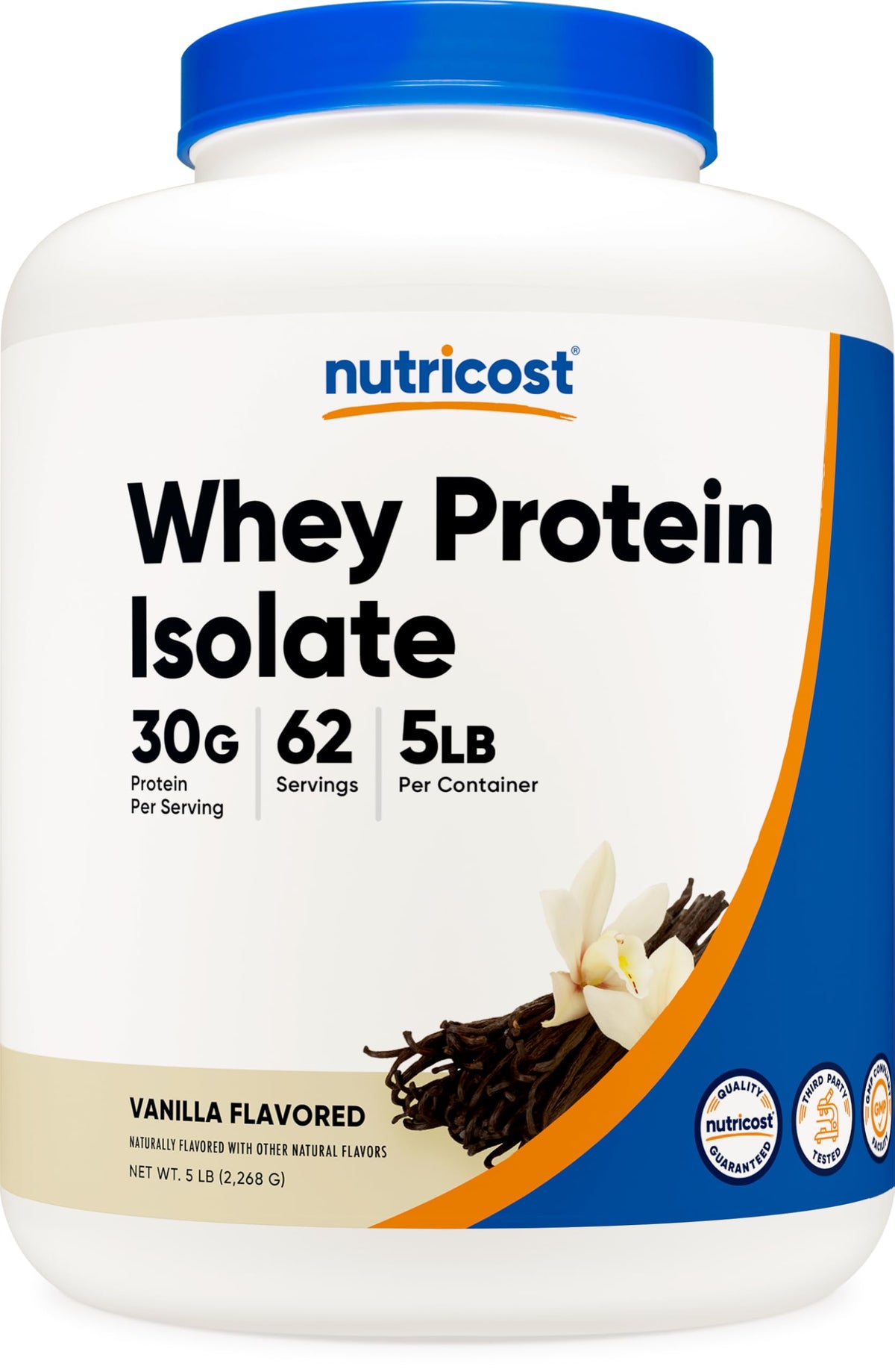 Nutricost Isolate Whey Vanilla front tub showing 5 lb packaging for convenient protein