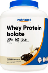 Nutricost Isolate Whey Vanilla front tub showing 5 lb packaging for convenient protein