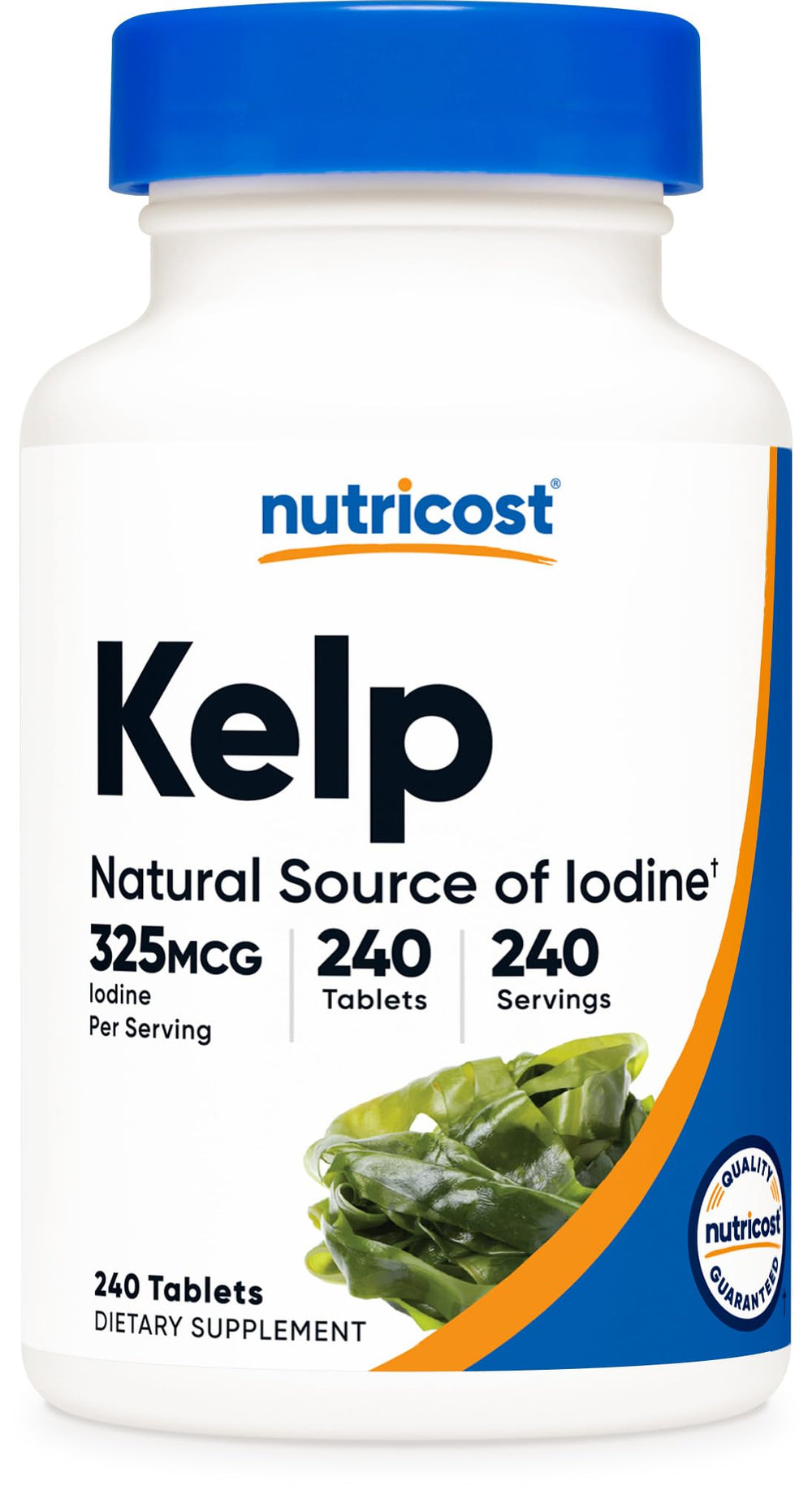 Nutricost Kelp Tablets bottle view, supports daily iodine intake.