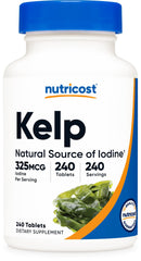 Nutricost Kelp Tablets bottle view, supports daily iodine intake.