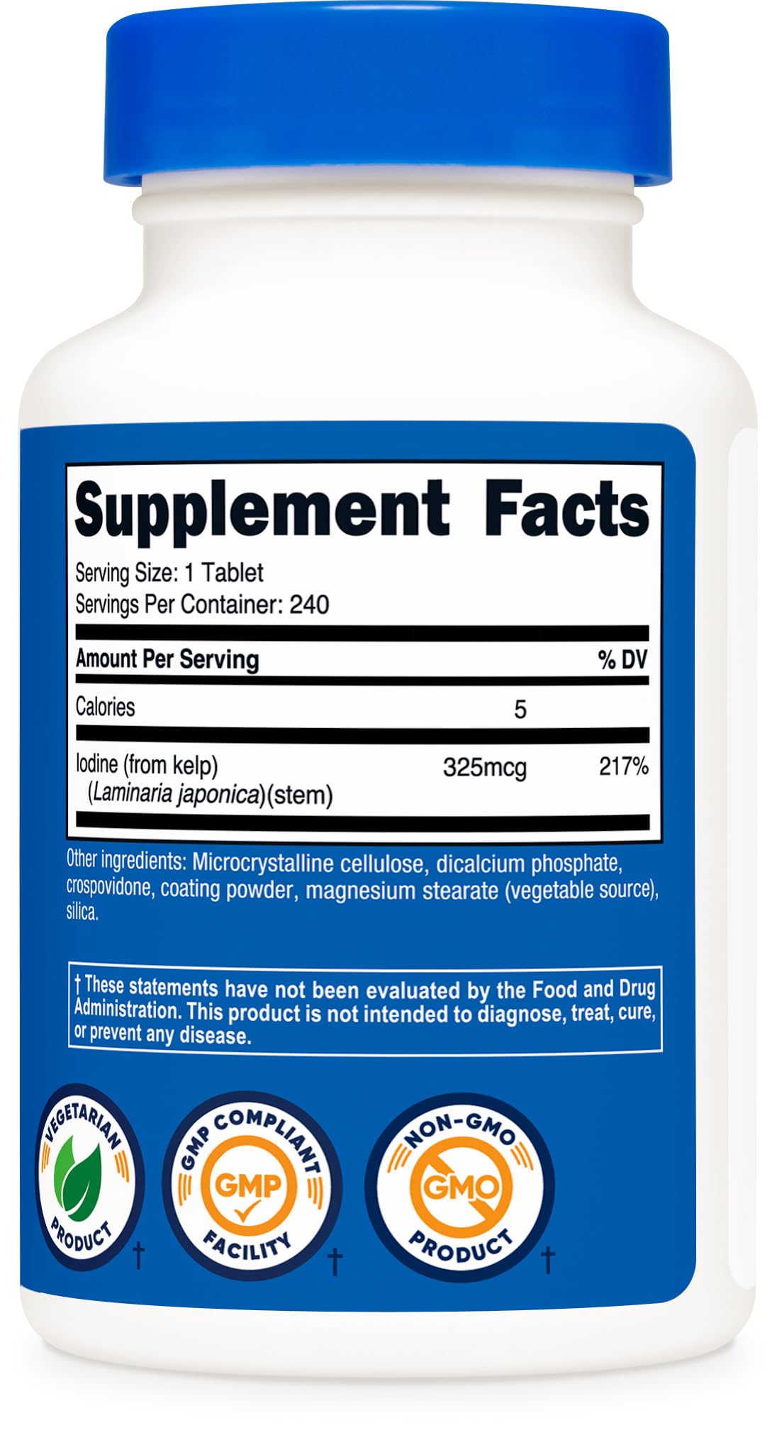 Nutricost Kelp Tablets packaging box photo conveys convenient, vegetarian-friendly supplement.