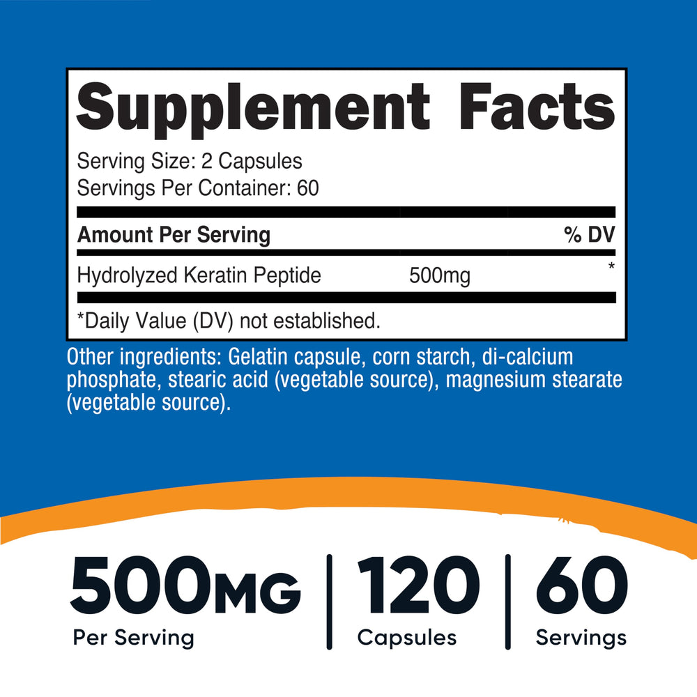 Nutricost Keratin Hydrolized Peptide Capsules close-up showing easy-to-swallow capsules.