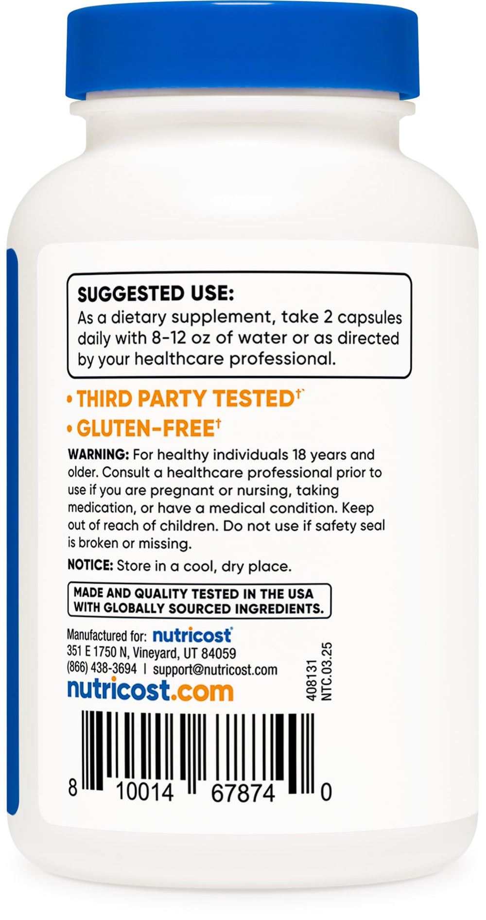 Nutricost Keratin Hydrolized Peptide Capsules label indicating dietary flexibility.