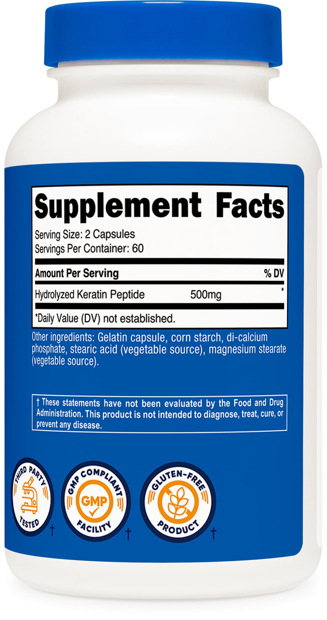 Nutricost Keratin Hydrolized Peptide Capsules GMP facility seal for quality control.