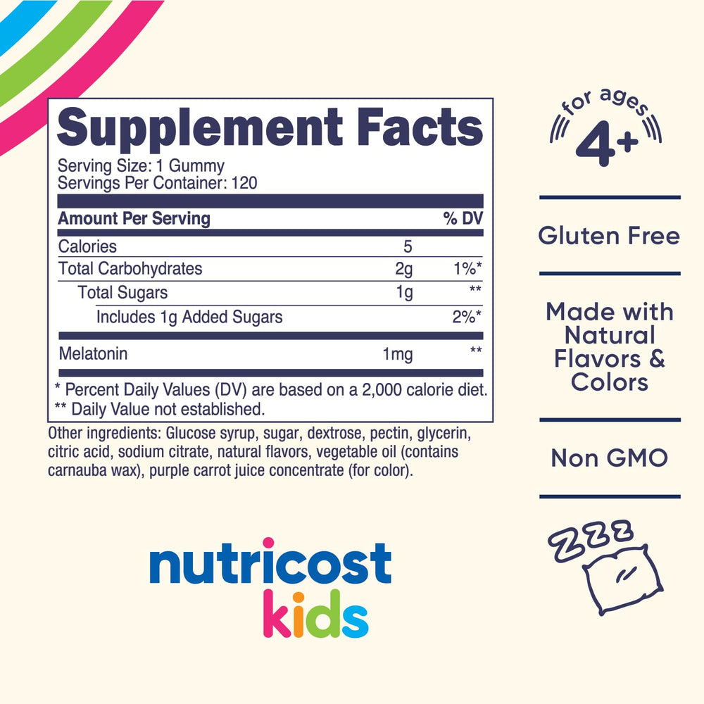 Nutricost Kids Melatonin Gummies label highlights 1 mg per gummy and strawberry flavor.